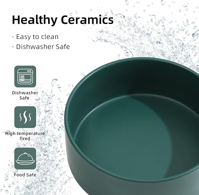 Ceramic Elevated Dog Bowl Set, Food and Water Bowl for Medium Dogs, Weighted Dishes, Green (7.3'', 41OZ)