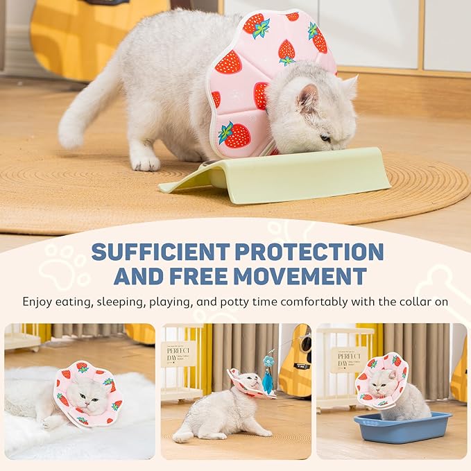 Avont Soft Cat Recovery Cone Collar, Adjustable Lightweight Kitten E-Collar for Small Dogs, Comfortable Neck Donut Stop Licking Scratching After Surgery -Strawberry(M)