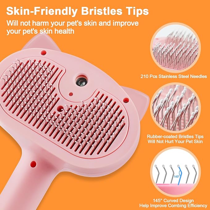 Cat Steam Brush for Shedding, 4 in 1 Steamy Cat Brush with Release Button, Self Cleaning Metal Pet Misting Hair Comb with Handle for Grooming Kitten Dog(Pink)