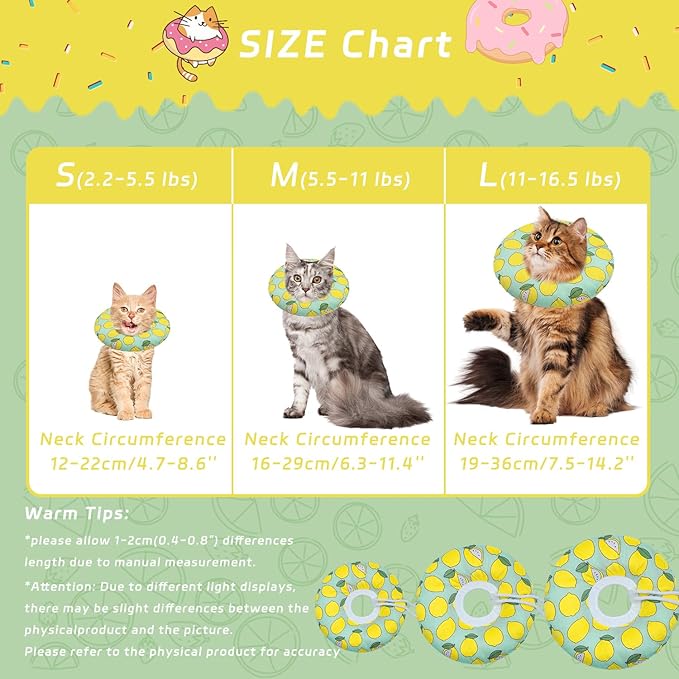 Cat Cone Collar Soft, Adjustable Cat Recovery Collars Kitten Cones to Stop Licking, Cute Donut E Collar After Surgery, Soft Cone Elizabethan Collar for Kittens (Green Lemon, Medium)