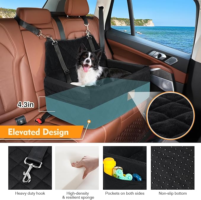 Dog Car Seat for Large Medium Dogs,Portable Washable Pet Car Seat Under 55 lbs,Dog Booster Seat with Thick Cushion,2 Safety Leashes Travel Car Dog Bed