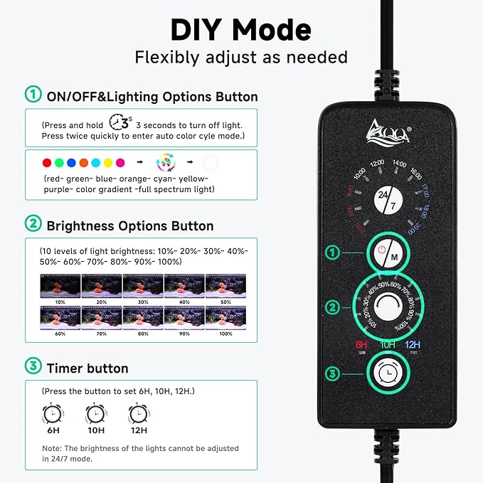 AQQA LED Aquarium Light, 24/7 Mode IP68 Waterproof Extendable Bracket Fish Tank Light, DIY Mode Full Spectrum Aquarium Plant Light, Adjustable Timer/Brightness Memory Function for 18-24 Inch Fish Tank