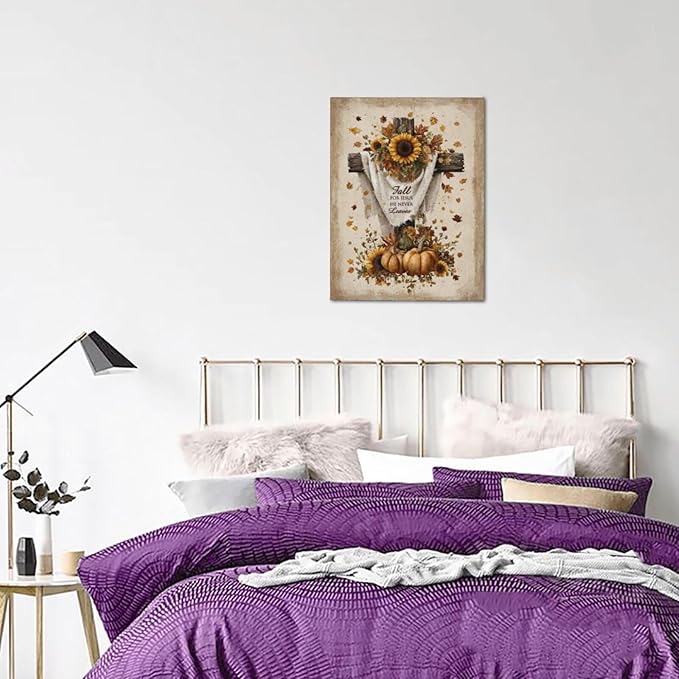 Christian Fall Wall Art Autumn Rustic Cross Sunflower Pumpkin Wall Decor Fall for Jesus He Never Leaves Pictures Painting Print Framed Artwork Decorations Gifts for Living Room Bedroom Prayer Room Office 12"x16"