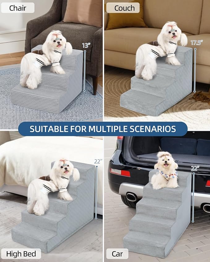 Dog Stairs for Small Dogs,17.5" H,4-Step Dog Steps for Bed and Couch with High Density Foam,Non-Slip Pet Steps for Doggy and Cat,Pet Stairs with a Washable Cover,Grey