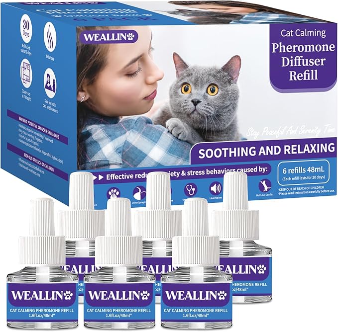 6 Pack Cat Calming Diffuser Refills - Cat Pheromones Calming Diffuser Refill Relieve Anxiety & Stress 6 Month Supply, Cat Pheromone Diffuser Refills (Fits All Common Diffuser Heads)