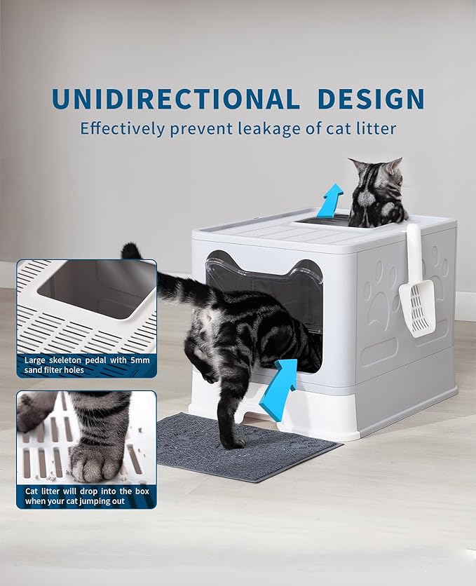 Cat Litter Box with Litter Mat and Scoop, Large Foldable Litter Box with Lid, Front Entry Top Exit Kitty Box, Odor Control, Easy to Clean (Grey)