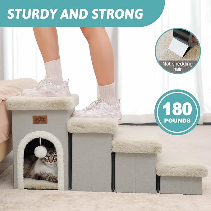 Dog Stairs for Small Dogs with Storage and Condo, 17.5" H Foldable Pet Stairs for Small Medium or Puppy Dogs and Older Cats, Dog Steps for Bed or Couch, 13x35x17.5 inch, 4 Tiers, Beige