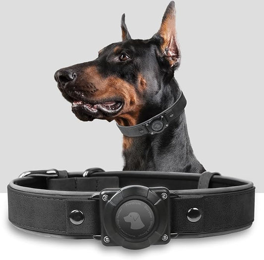 AirTag Dog Collar - Leather Dog Collar with Air Tag Holder | IPX8 Waterproof, Reflective, High - End, Adjustable Soft Padded | Dog GPS Tracker Collars Fit for Medium Large Dogs (Black, M)