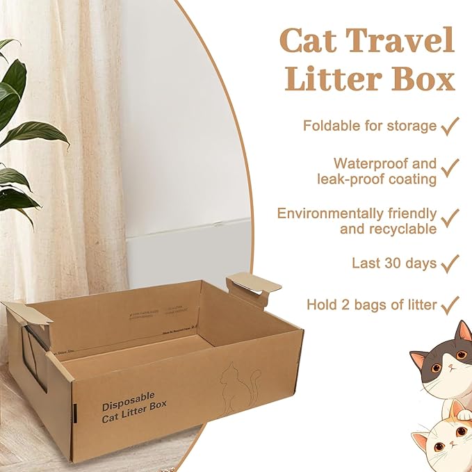 3-Pack Disposable Litter Boxes for Cats,Disposable 100% Renewable Cardboard Foldable Litter Boxes,Large-Capacity Portable Cardboard Cat Litter Box,Waterproof Travel Litter Box,17.2'' x 12.2'' x 5.3''