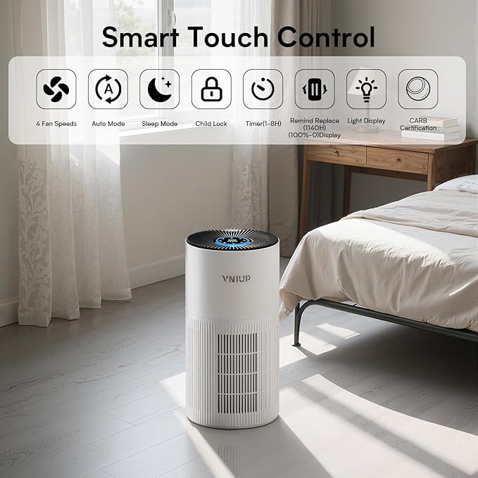Air Purifiers for Home Large Room up to1600 ft², VNIUP H14 True HEPA Air Purifier for Bedroom, PM 2.5 Display Air Quality Sensor Air Cleaner for for Home Pets Dorm Room Bedroom Office, ZQA-6000A