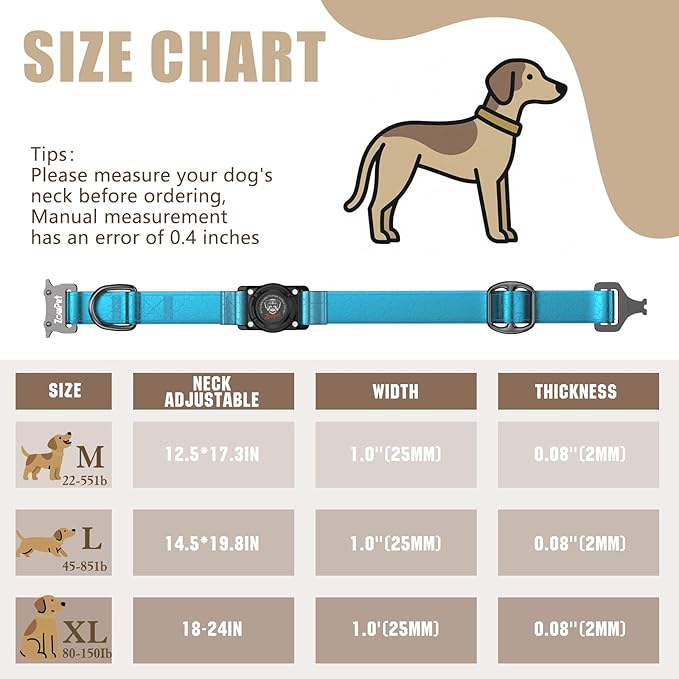 AirTag Dog Collar - Leather Dog Collar with Airtag Holder | IP68 Waterproof AirTag Holder with Metal Buckle, Comfortable GPS Dog Collars Tracker for Medium Large Dogs (Blue, M)