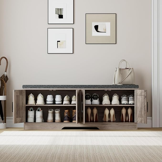 2-Tier Storage Bench, Shoe Bench with Padded Seat Cushion, Entryway Bench with 4 Barn Doors, Adjustable Shelf, 13.8" D x 47.2" W x 17.7" H, for Entryway, Living Room, Bedroom, Greige