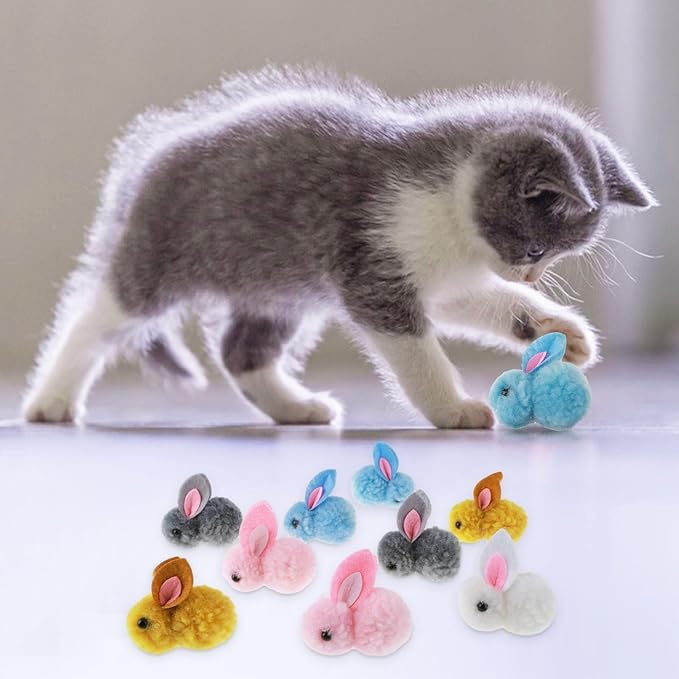 10Pcs Plush Toy Balls, Cute Bunny Shape Kitten Pompom Soft 5.5cm/2.16in Puff Ball Indoor Fun Colorful Cat Ball Toy Pom Pom Balls for Pet