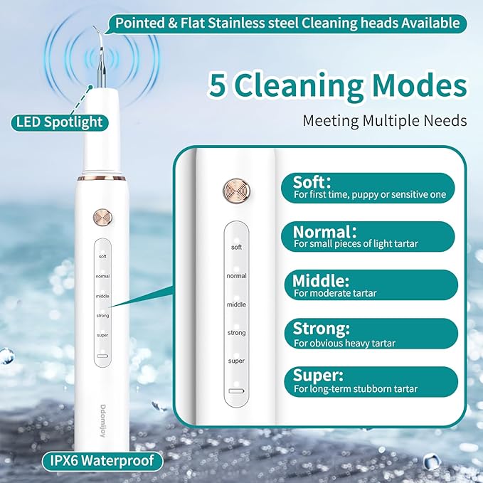 Dog Plaque Tartar Remover, Electric Toothbrush Teeth Cleaner Dental Care Kit for Dogs Cats- 5 Modes LED IPX6 Waterproof Auto-Stop Gum Protection USB Charge, 3 Brush Heads, Pet Teeth Cleaning Tools