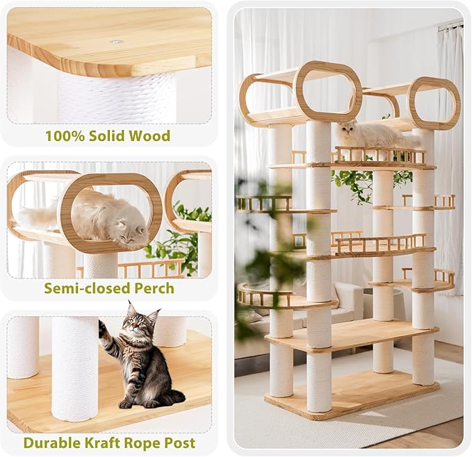 76.8'' Modern Cat Tree, Tall Cat Tower for Indoor Cats, Pine Wood Climb Tower with 2 Removable Mats, Heavy Duty Cat Furniture with Fully Wrapped Scratching Post, Huge Cat Condo for Multi-Cat Families