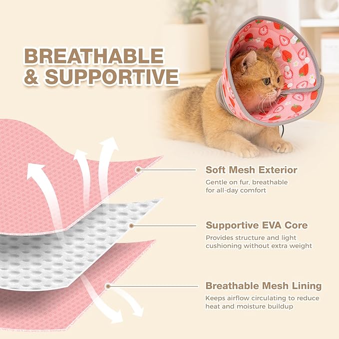 Avont Cat Cone Collar Soft to Stop Licking, Adjustable Foldable Lightweight Kitten Recovery Collar After Surgery for Small Dogs, Elizabeth Cone of Shame Alternative -Strawberry(L)