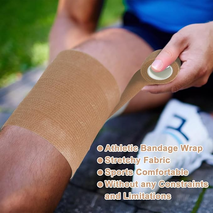 24 Pack Self Adhesive Bandage Wrap, 2” x 5 Yards Cohesive Medical Tape Elastic Grip Tape Sports Tape Athletic for Ankle, Wrist Sprains, Pet First Aid (Brown, 2 Inch)