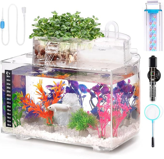 Betta Fish Tank Kit, 2.5 Gallon Aquarium Self-Cleaning with LED Light, Filter, Heater, Decorations and Accessories - Ideal for Hydroponic Growing System and Aquaponics