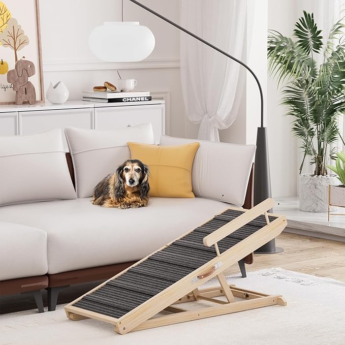 Dog Ramp for Bed, Couch, Car, Folding Pet Ramps 44.48" Long Adjustable 15"-22" Wooden Stairs with High Traction Mat & Safety Side Rails for Small & Medium Old Dogs & Cats, up to 200 lbs