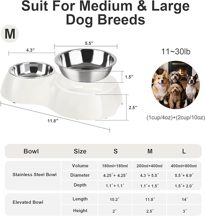 Double Dog Bowls Set – Non-Slip Pet Food & Water Dishes with Resin Stand, Includes Small (1 Cup) & Medium (2 Cups) Bowls – Ideal for Puppies, Cats, and Medium Dogs – White