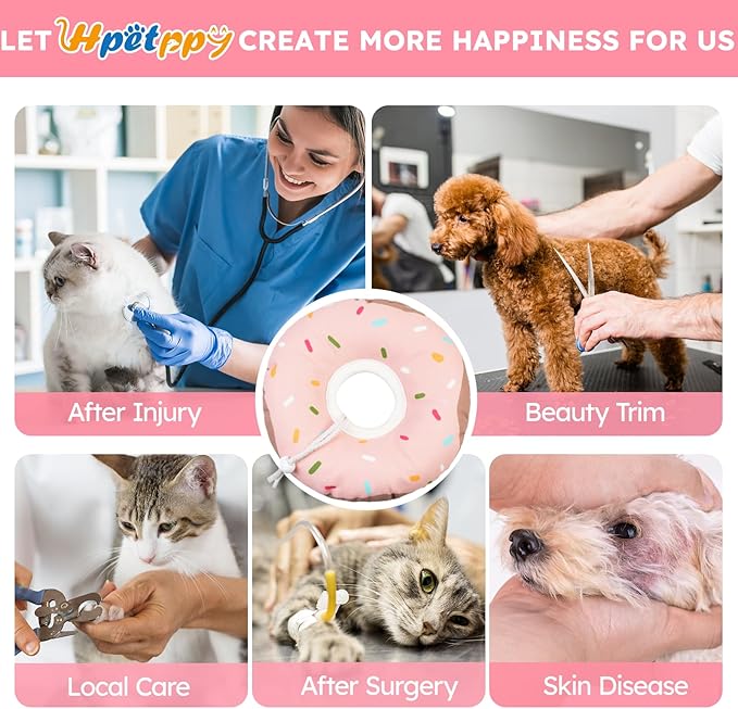 Cat Cone Collar Soft, Waterproof Cat Recovery Collars Spay Cones to Stop Licking Cute Donut E Collar After Surgery Anti-Lick Wound Healing Safety Elizabethan Collar for Kittens (Donut Pink, Large)
