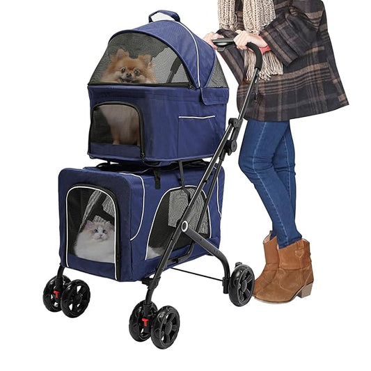 Double Pet Stroller,3.07lbs Dog Cat Carrying Cart,Lightweight Foldable Pet Stroller with 4 Wheels,Blue Portable Compact Pet Travel Cart for Small Dogs and Cats (Blue)