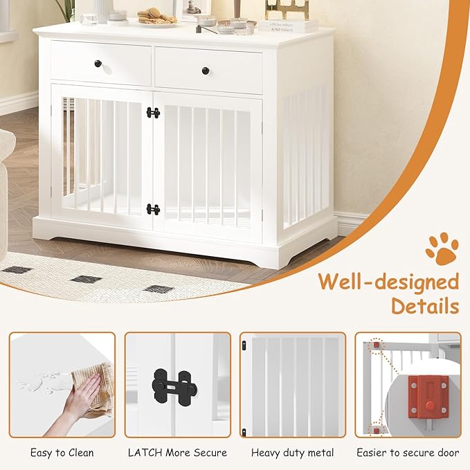 Dog Crate Furniture, 44 Inch Wooden Dog Kennel Indoor with 2 Storage Drawers, Heavy Duty Large Crate Furniture, Decorative End Table Cage Furniture for Small/Medium/Large (White)
