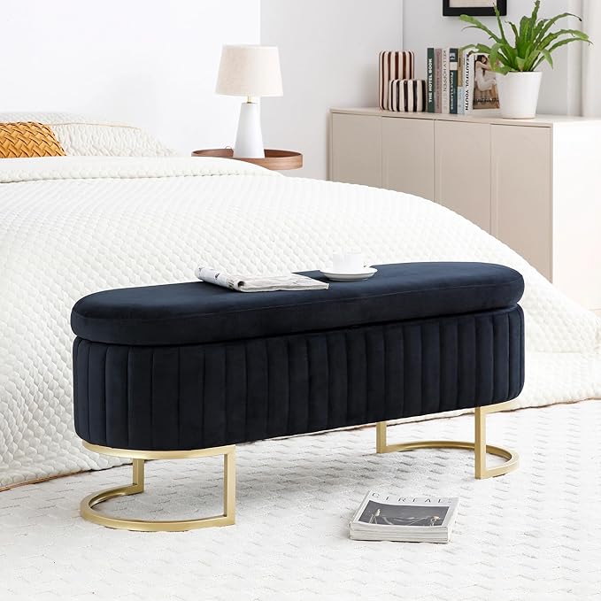 50" Sherpa Storage Ottoman Bench – Velvet Upholstered Bedroom Bench with Golden Metal Legs, Lift-Top Hidden Storage, Modern Footrest for Living Room, Entryway, Bed End (Black)
