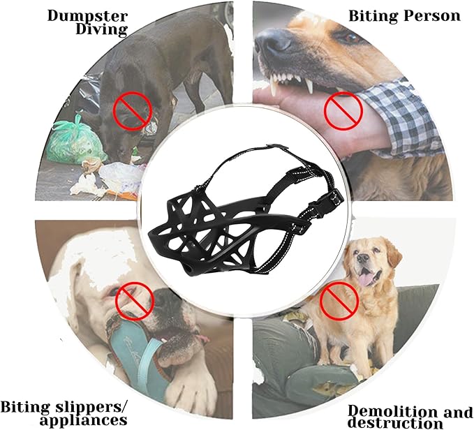 Dog Muzzle, Breathable Basket and Soft Cage Black Dog Mouth Cover,Anti-Biting, Barking and Chewing for Small Medium Large Dogs, 1 Pack Poop Bags for Dogs (L)
