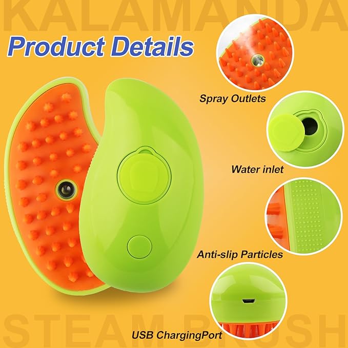 3 in 1 Cat Steamer & Brush - Silicone Massage Grooming Tool, Pet Hair Cleaning Comb for Cats & Dogs (Mango Green)