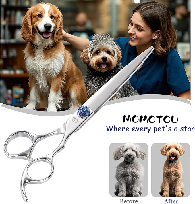 7'' Dog Grooming Scissors CNC 440C Blades Sharp and Durable Polished Straight Dog Shears with Blue Diamond Adustable Screws Easy to Use for Groomer and Home User