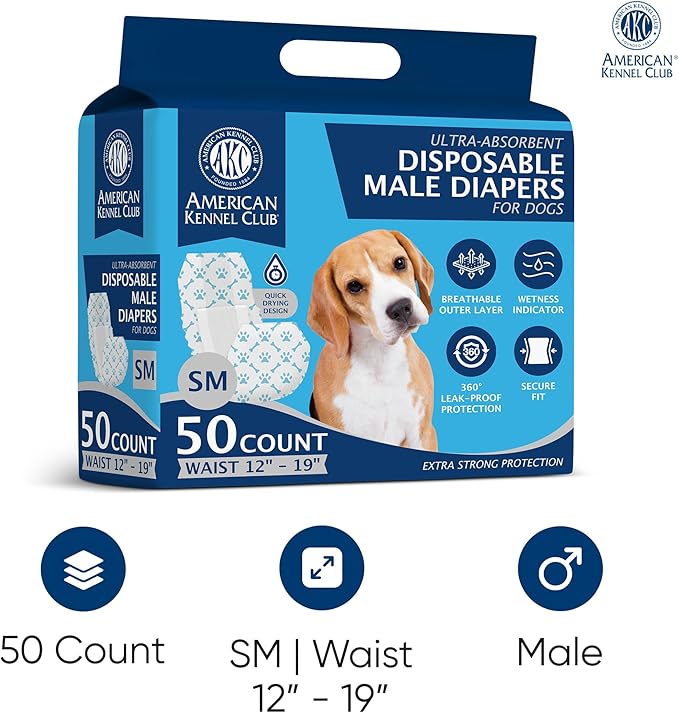 American Kennel Club Male Dog Wrap, Disposable Diapers with Wetness Indicator, Small, 50 Count