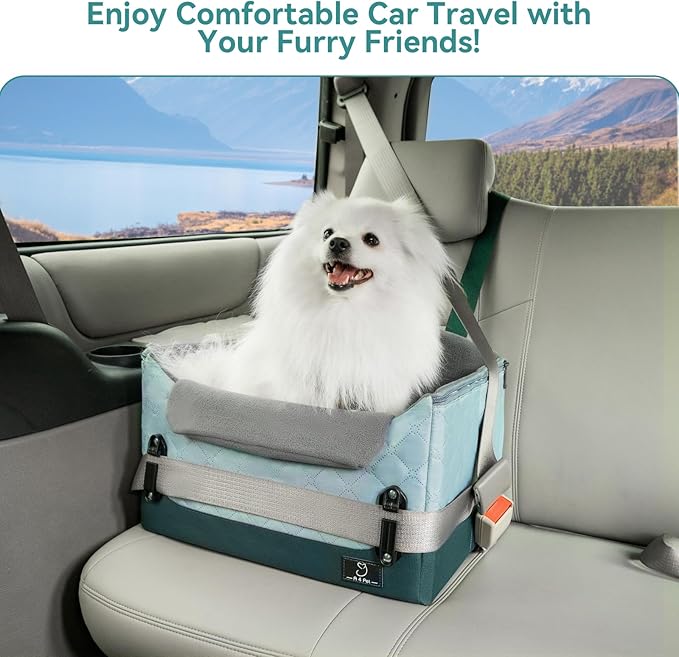 A 4 Pet Dog Car Seats for Small Dogs, Booster Car Seat with Patent Buckles & Clip-On Safety Leash, Pet Seat for Puppy Small Dogs Cats Under 25 Lbs, Green