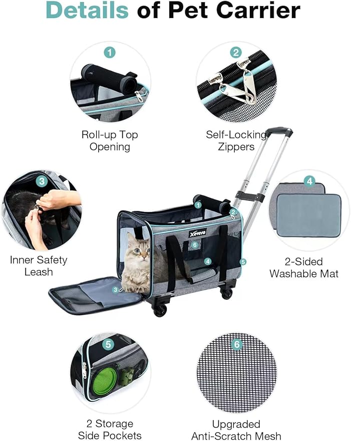 Cat Dog Carrier with Wheels Airline Approved Rolling Pet Carrier with Telescopic Handle, Shoulder Strap and Pet Bowl, Grey
