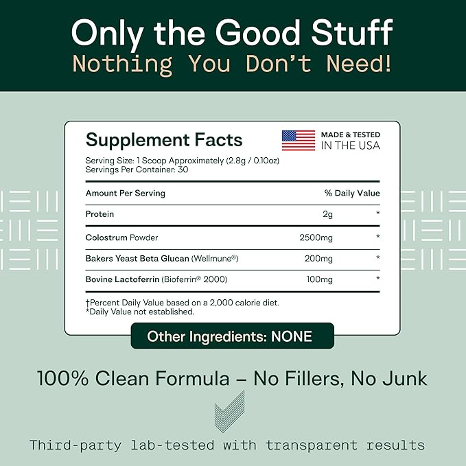 Adapt Naturals Colostrum Supplement with Lactoferrin & Beta-Glucan, Bio-Avail Grass Fed Bovine Colostrum Powder for Gut Health, Immune Support & Vitality | Non-GMO, 2500mg, Unflavored - 60 Days Supply