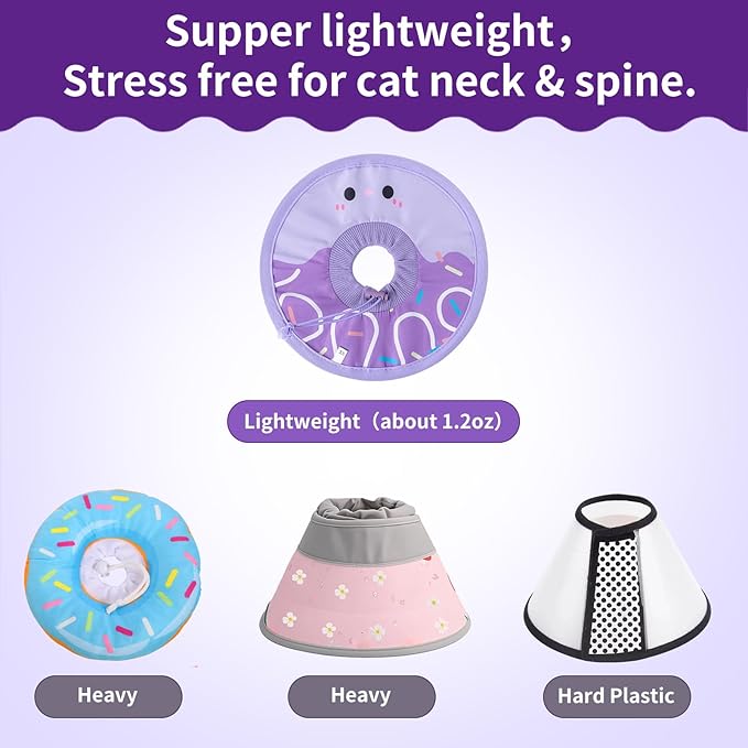 Cat Recovery Collar Lightweight Soft Cats Cone Cute Donut Shape Adjustable Fasteners Waterproof Pet Collar After Surgery to Prevent Licking for Kitten and Puppy (Purple, Medium)