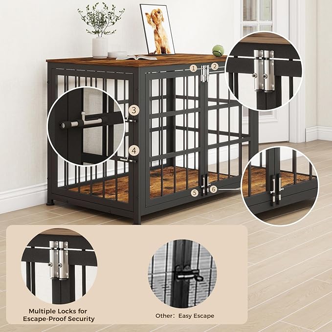 32 Inch Heavy Duty Wooden Dog Kennel End Table with Double Door Design and Secure Locks, Indoor Pet Crate Furniture for Medium Dogs, Decorative Home Cage Design,Aged Black