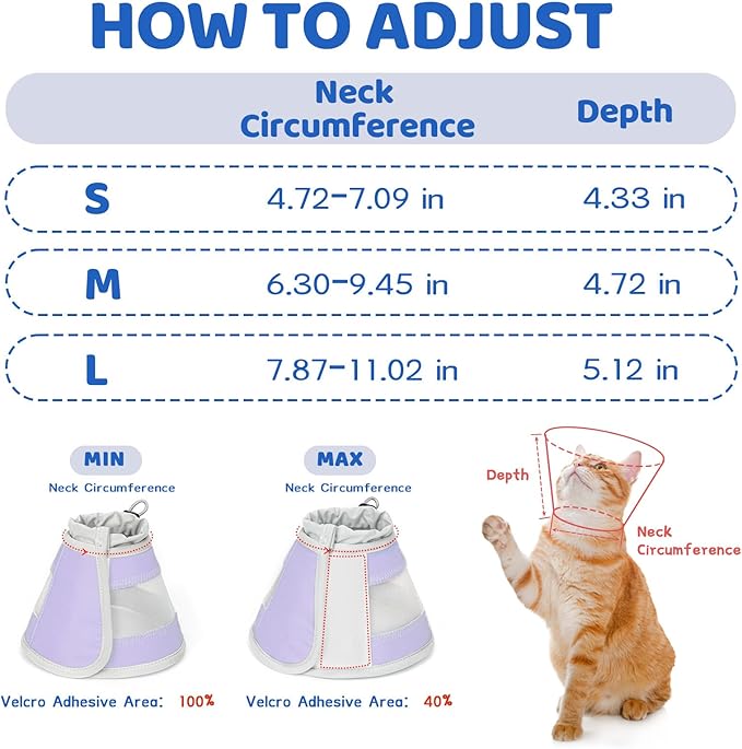 Breathable Air Mesh Cat Cone Collar Soft to Stop Licking, Adjustable, Foldable Lightweight Kitten Cones After Surgery Recovery for Cats & Kittens (Light Purple, S)