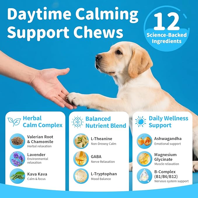 Calming Chews for Dogs – Calming Treats for Anxiety, Stress, Separation, Travel&Thunder, Relaxation & Focus Support with L-Theanine, Valerian Root, Chamomile & Ashwagandha, Chicken Flavor, 90Ct