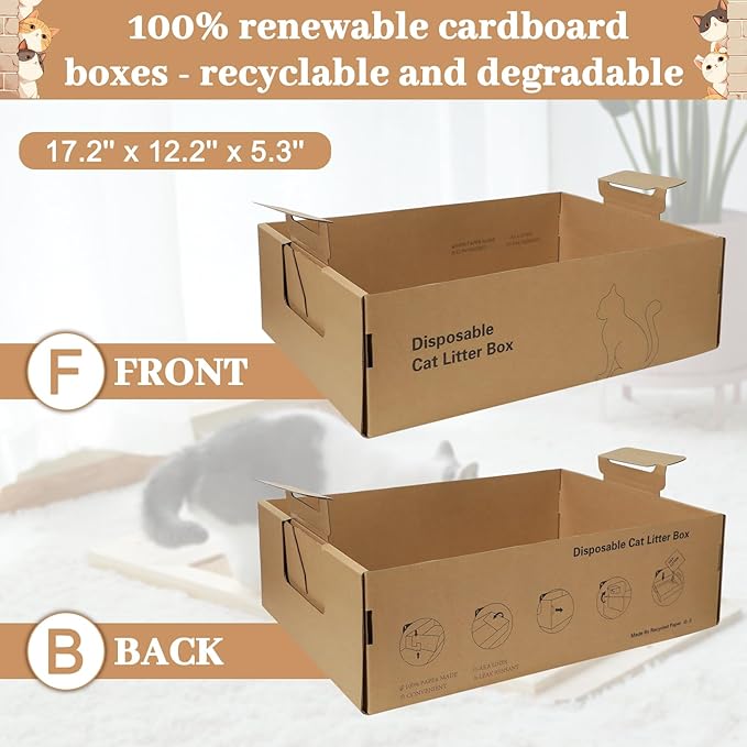 3-Pack Disposable Litter Boxes for Cats,Disposable 100% Renewable Cardboard Foldable Litter Boxes,Large-Capacity Portable Cardboard Cat Litter Box,Waterproof Travel Litter Box,17.2'' x 12.2'' x 5.3''