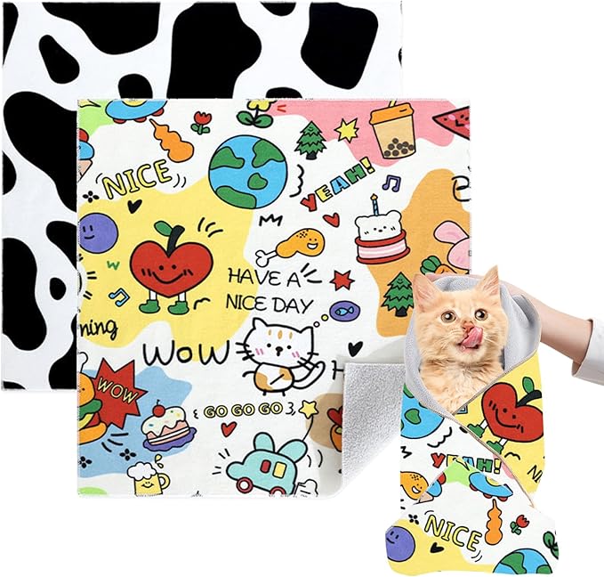 Cat Grooming Wrap, 2pcs [XL] Cat Restraint Wrap for Nail Clipping, Ear Cleaning, and Teeth Brushing, Self-Adherent, Anti-Bite, Anti-Scratch, Anti Scratch, Cow White+Colorful Graffiti