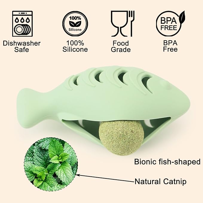 Cat Toys for Indoor Cats, Fish Shaped Chew Catnip Toys for Teeth Cleaning, Food Grade Silicone Cat Enrichment Toy, Interactive Kitten Teething Toys with 1 Cat Nip Ball, 2 Pcs