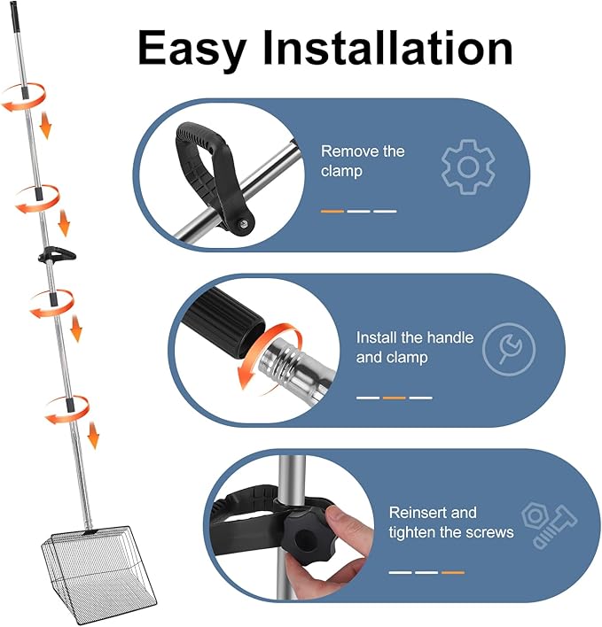 15inch Large Chicken Poop Scooper with Ergonomic Grip, 5 in 1 Adjustable Chicken Coop Pooper Shovel (24 to 76.5"), Stainless Steel Litter Sifting Shovel Scoop for Chicken Coop/Goat Stall/Stable