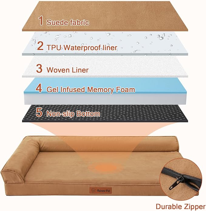 Chew Proof Dog Bed, 3" Memory Foam Dog Bed for Medium and Large Dogs, Removable and Washable Microsuede Cover, Waterproof Liner, Nonskid Bottom, 44x32 Inches XXL Khaki