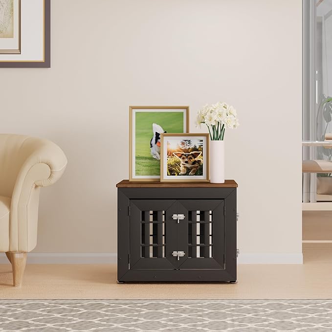 26" Heavy Duty Dog Crate Furniture for Small,Medium and Large Dogs,Rustic Wooden Dog Cage Kennel Indoor Furniture with Waterproof Top,Decorative Pet House Side End Table (Black & Wood)