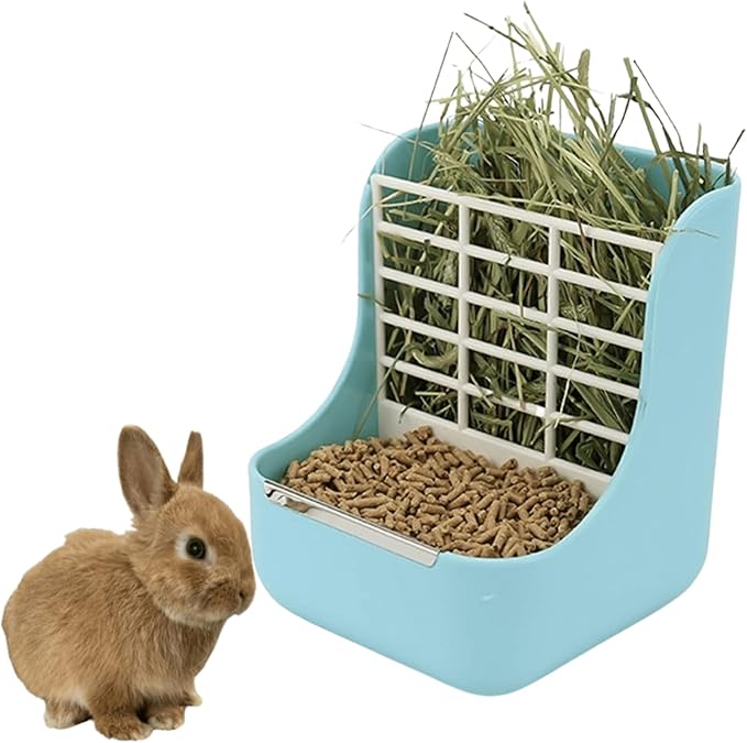 2 in 1 Food Hay Feeder for Guinea Pig, Rabbit Feeder, Indoor Hay Feeder for Guinea Pig, Rabbit, Chinchilla, Feed Bowls Use for Grass & Food (Blue)