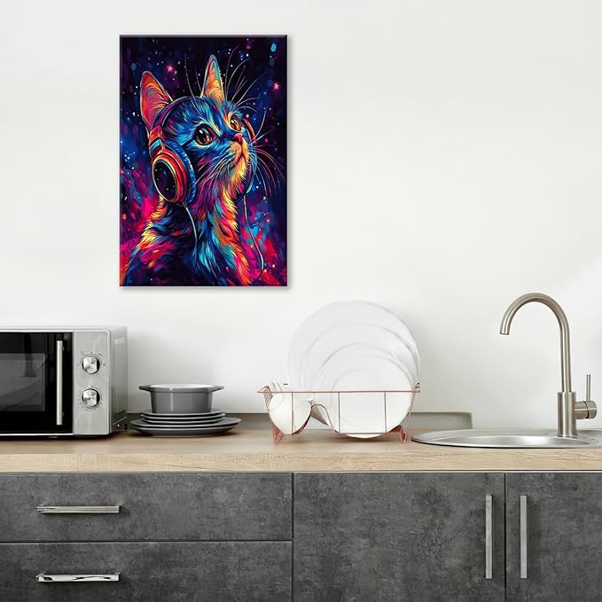 Cat Wall Art Canvas Fantastic Animal Wall Decor Prints Framed Painting Colorful Pictures Gifts Artwork for Bathroom Living Dining Kitchen 16"x24"