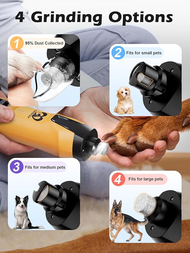 Casfuy 6-Speed Dog Nail Grinder – 50%+ Boost Power Dog Nail Trimmers Quiet with Dust Cap & 2 LED Lights & 2000mAh Battery & 4.8V Motor Electric Pet Toenail File Tool for Large Medium Small Dogs Cats