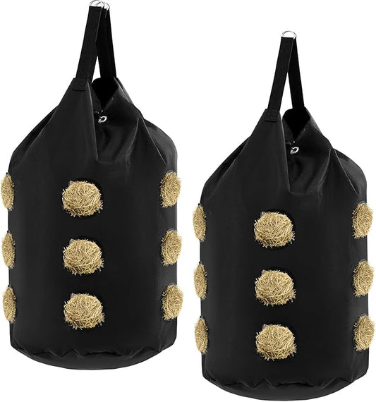 2 Pcs hay Bags for Horses Goats Slow Feed 1680D Oxford Bag Black Large Capacity Net Open Feed Hole Hay Holder for Horse Goats Sheep(15 Holes)