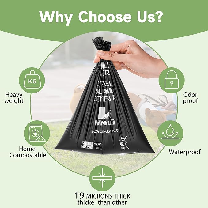 100% Certified Compostable Dog Poop Bag Rolls, 120 Bags (8 Rolls) Eco-Friendly Poop Bags for Dogs, Leak Proof Unscented Easy Open Poop Waste Bag（Black）